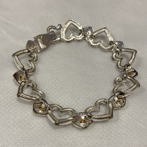Silvertone Open Heart Link & Heart Goldtone Spacer Magnetic Clasp Bracelet - Picture 9 of 13